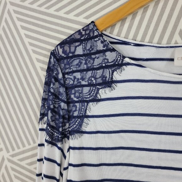 Chicos Size 3 XL Top T-Shirt Casual Lace Shoulder Detail Blue White Stripe - Picture 2 of 6